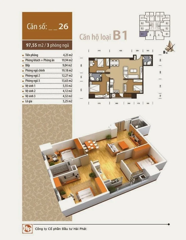 The Pride Hà Đông mặt bằng căn 3 ngủ 97,55m2