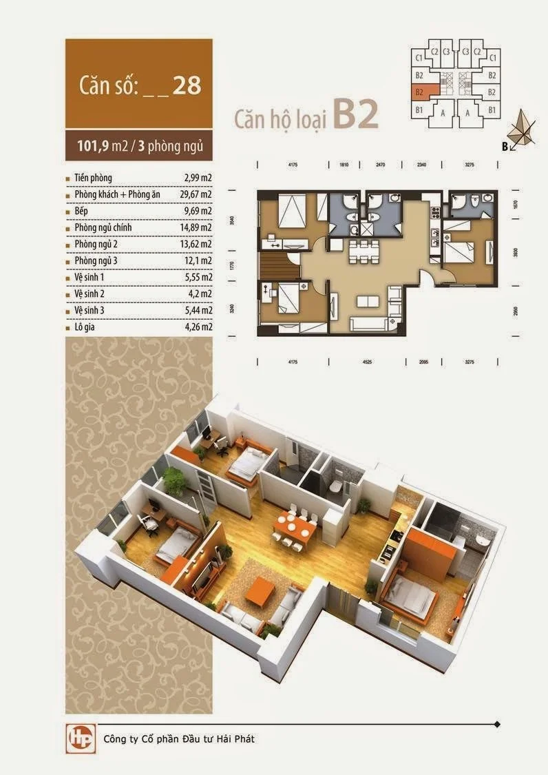 The Pride Hà Đông mặt bằng căn 3 ngủ 101,9m2