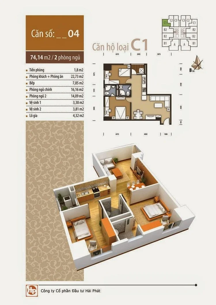 The Pride Hà Đông mặt bằng căn 2 ngủ 71,14m2