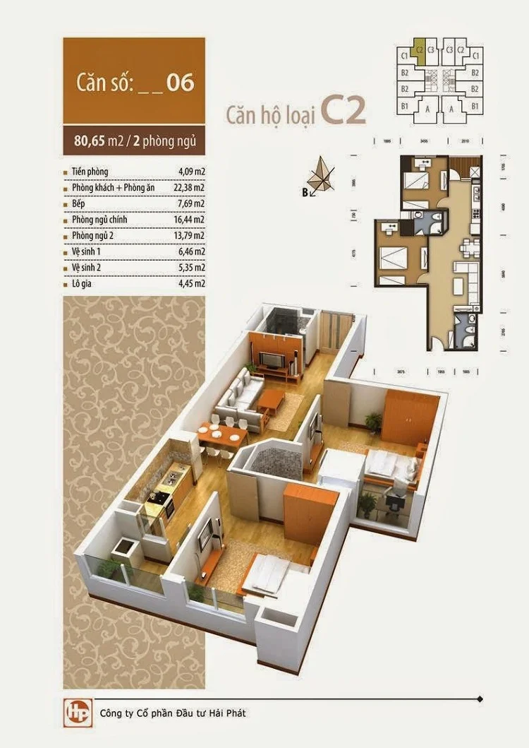 The Pride Hà Đông mặt bằng căn 2 ngủ 80,65m2