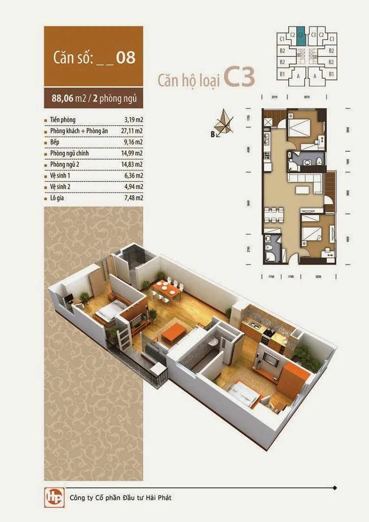 The Pride Hà Đông mặt bằng căn 2 ngủ 80,65m2